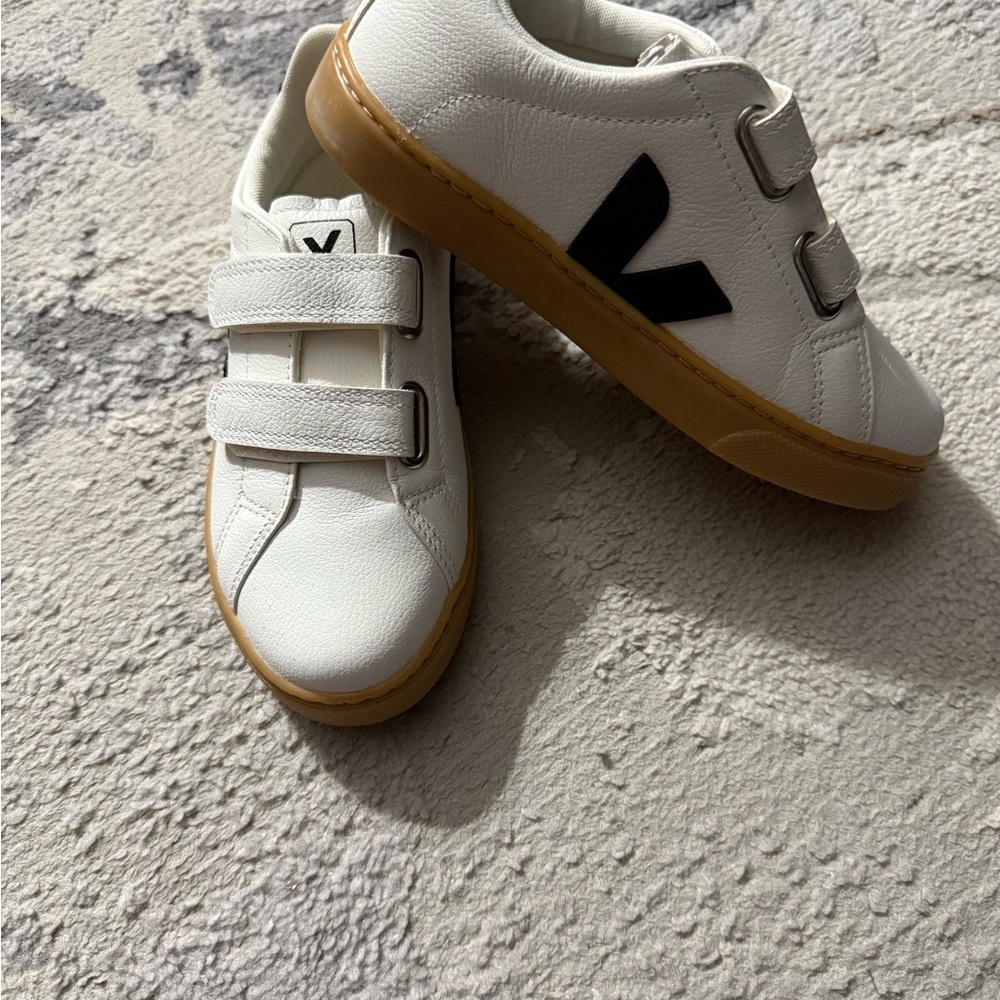 Veja Kids White Sneakers with Black Logo and Tan Soles
